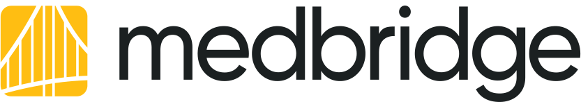 Medbridge logo with bold black text and an orange abstract design on the left.